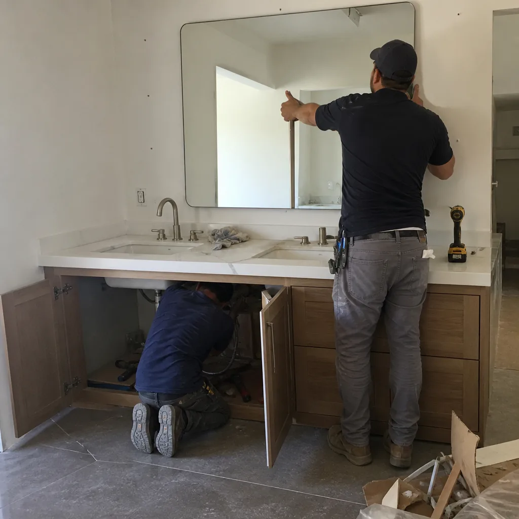 Professional contractors installing a bathroom mirror and performing under-sink plumbing repairs.