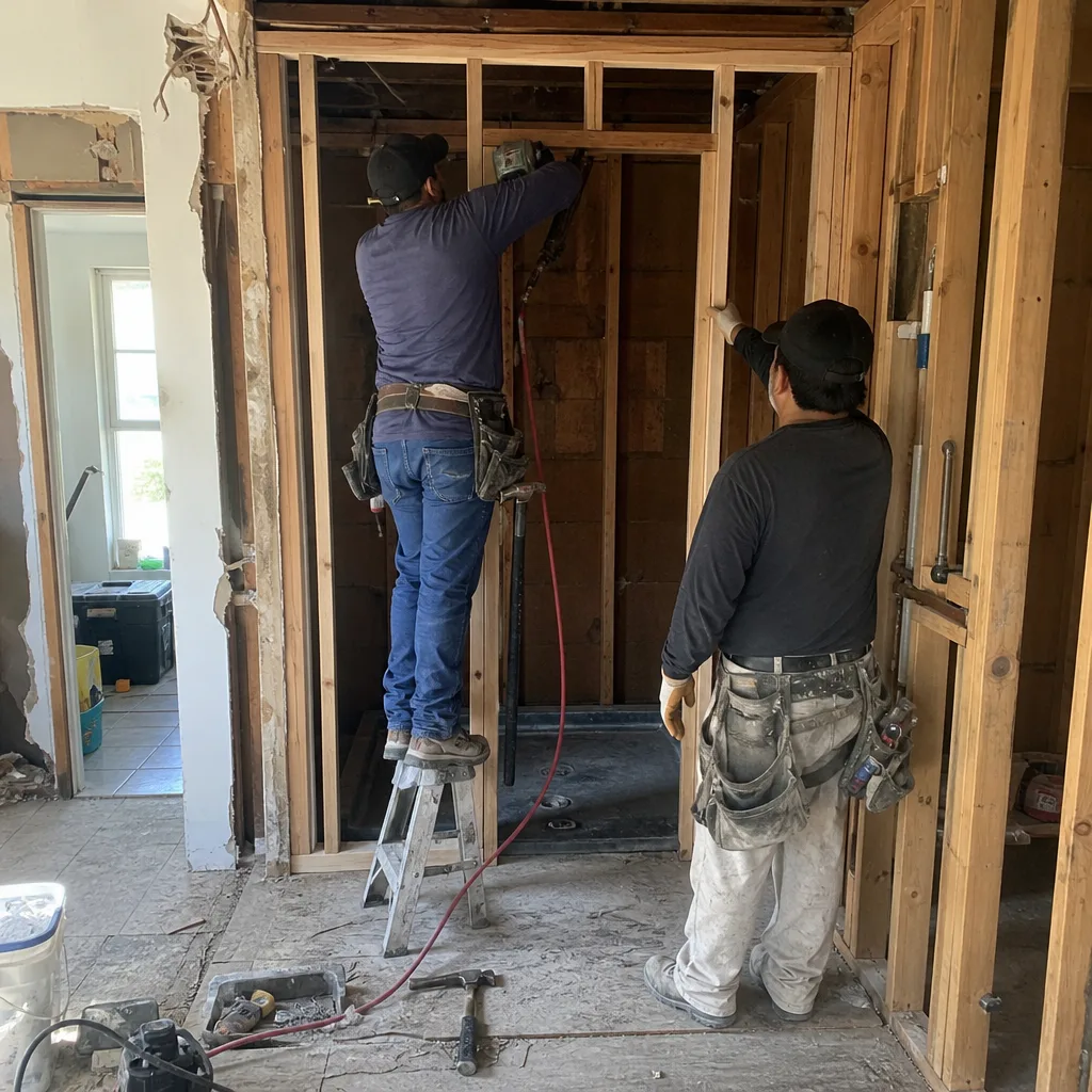 Two professional contractors framing a new shower during bathroom remodeling construction.