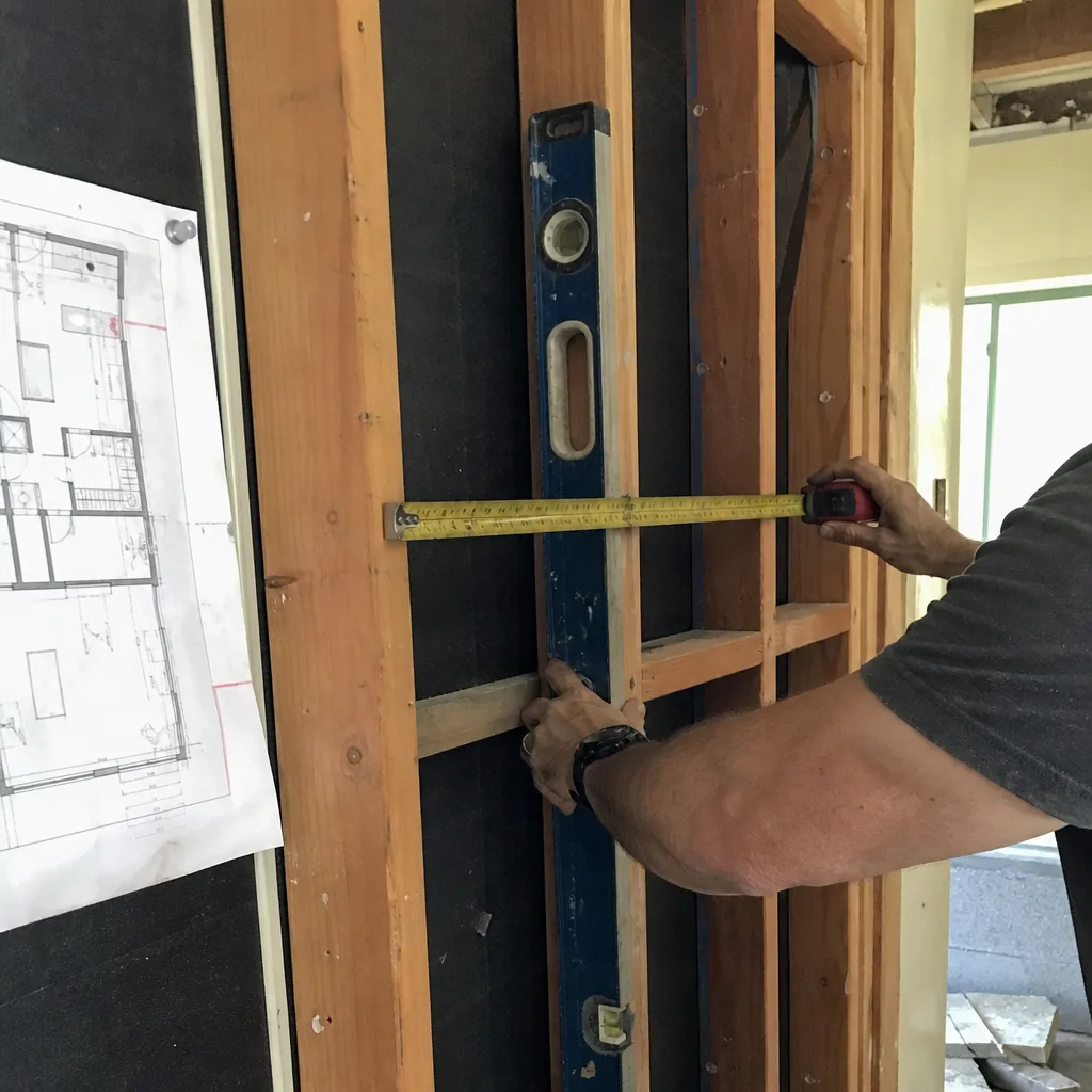 General contractor using professional tools to measure and level wall framing
