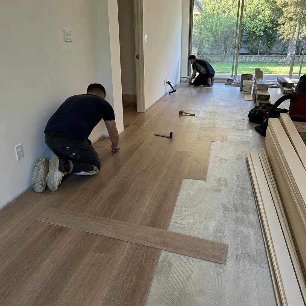 Two professional contractors installing wood plank flooring in a home renovation project