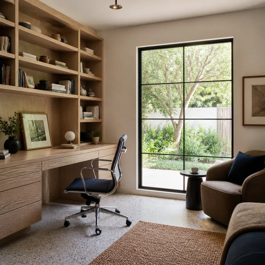 A home office with a built-in desk and shelves